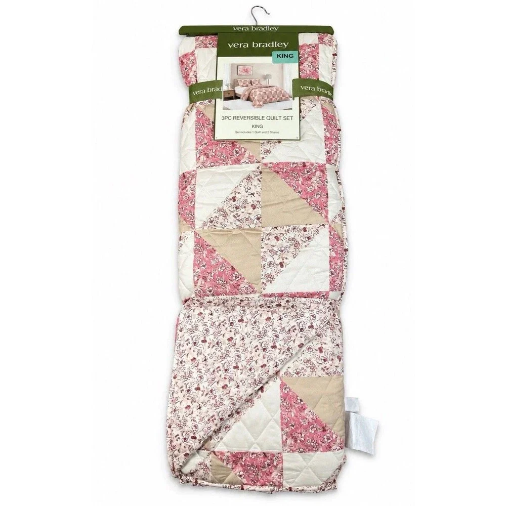 Vera Bradley King Quilt Set 3 Piece Reversible Floral Patchwork Pink Tan Shams